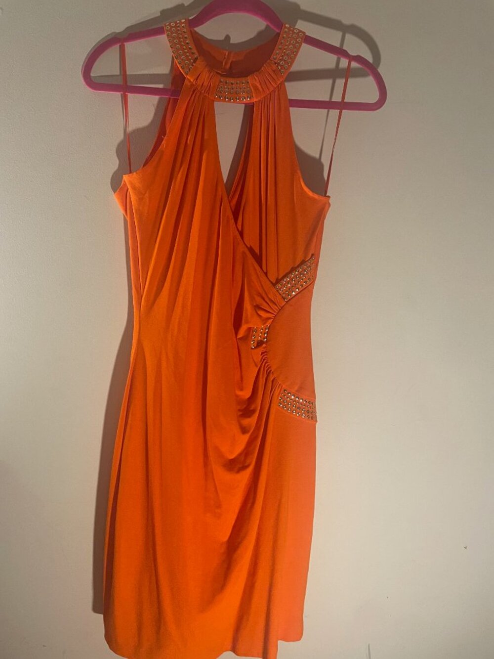 Cache Orange Studded Ruched Cocktail Dress Size L